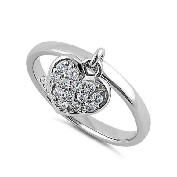 Sterling Silver Dangling Heart CZ Ring New - Picture 2 of 6